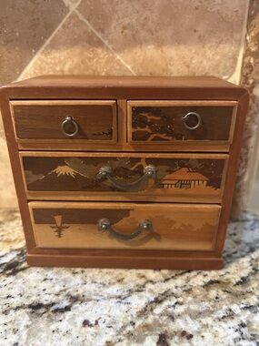 Vintage 1940’s Wooden Mini Chest with Hand-Painted Japanese Scene